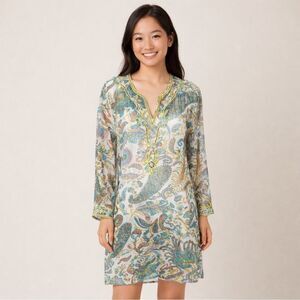 Raj Multicolor Green Paisley Silk Chiffon Sheet Tunic Beaded Dress Women Sz M